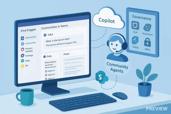 Desk setup with Teams/Viva interface and a Copilot cloud guiding Community Agents.