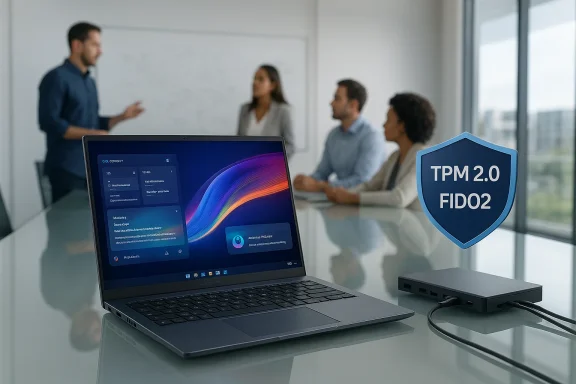 Laptop on a glass table with a TPM 2.0 FIDO2 shield as colleagues discuss in the background.