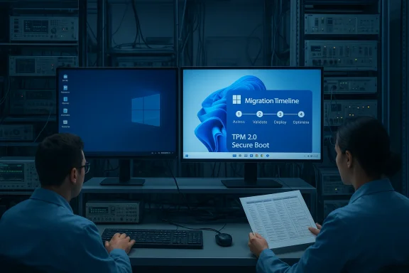 Two technicians monitor a TPM 2.0 Secure Boot migration on dual monitors in a server lab.