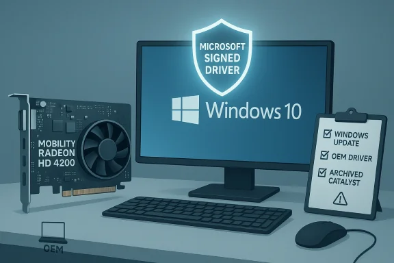 Windows 10 PC with a Microsoft-signed driver shield, Radeon GPU, and update checklist.