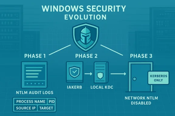 Diagram of Windows security evolution: NTLM logs, IAKERB/Local KDC, Kerberos-only.