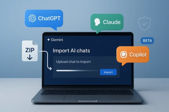 Laptop shows an Import AI chats UI, with ChatGPT, Claude, Copilot, and ZIP icons floating around.