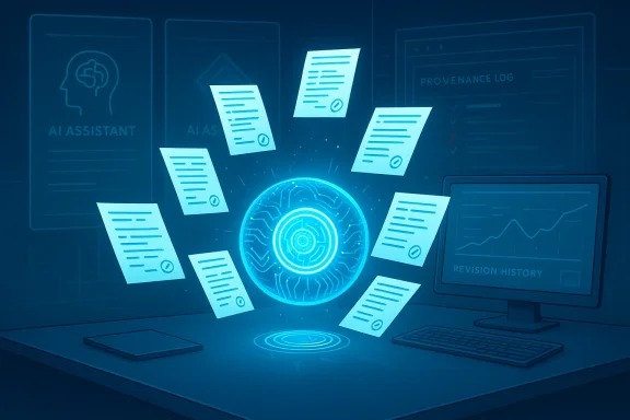 A glowing AI orb emits floating papers orbiting around it in a futuristic digital workspace.