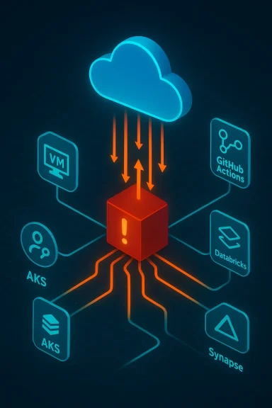 Cloud hub with orange alert centralizes data flow to VMs, AKS, Synapse, Databricks and GitHub Actions. Cloud hub with orange alert centralizes data flow to VMs, AKS, Synapse, Databricks and GitHub Actions.