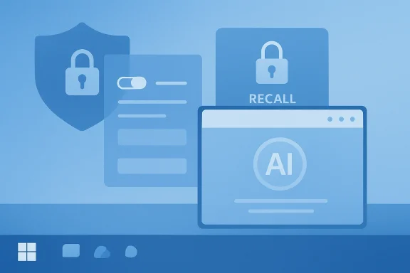 Blue security-themed illustration showing AI interface with recall and padlock protection.