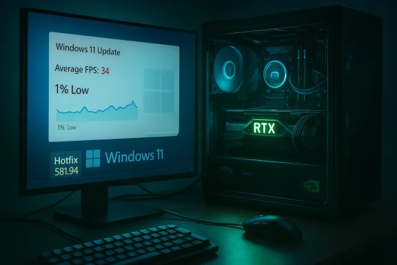 A PC gaming setup showing Windows 11 Update on the monitor and a glowing RTX-powered tower.
