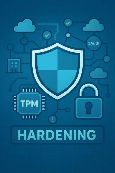 Illustration of cybersecurity hardening with a shield, TPM chip, cloud icons, and OAuth.