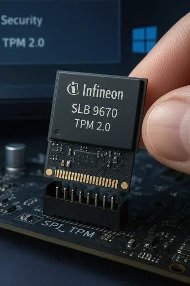 Close-up of Infineon SLB 9670 TPM 2.0 security module being inserted into a SPI TPM header.