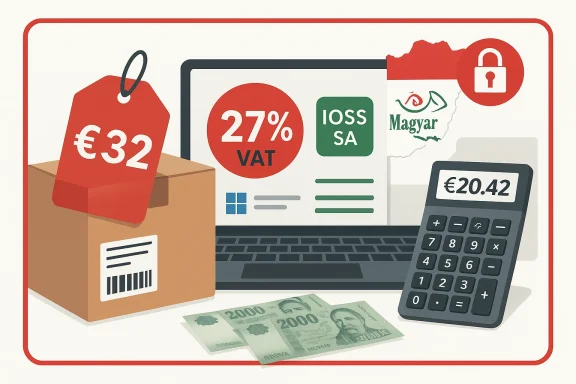 Online shopping scene showing 27% VAT, IOSS, and Hungarian pricing.