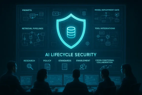 A neon blue AI lifecycle security dashboard with a shield icon and a team at monitors.