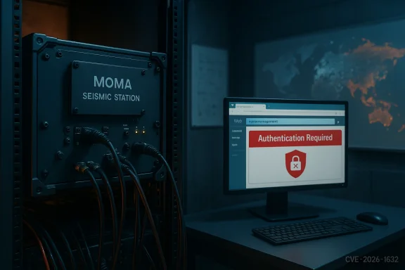 Server rack labeled MOMA Seismic Station beside a monitor displaying Authentication Required.