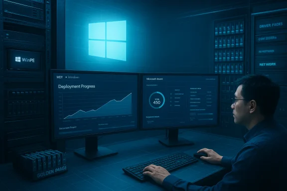 A technician monitors deployment analytics on dual screens in a blue-toned data center.