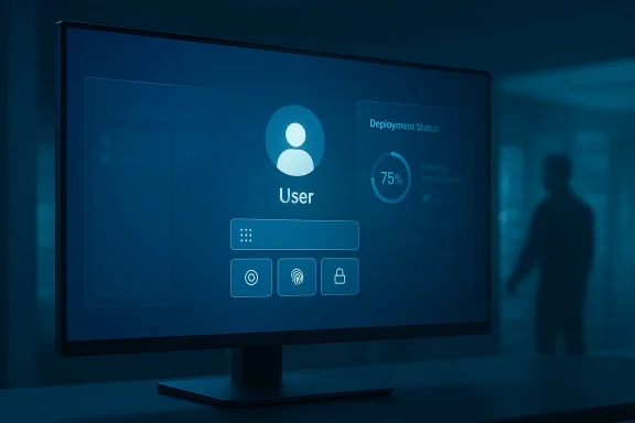 Blue-tinted monitor shows a user dashboard in a data-center setting.