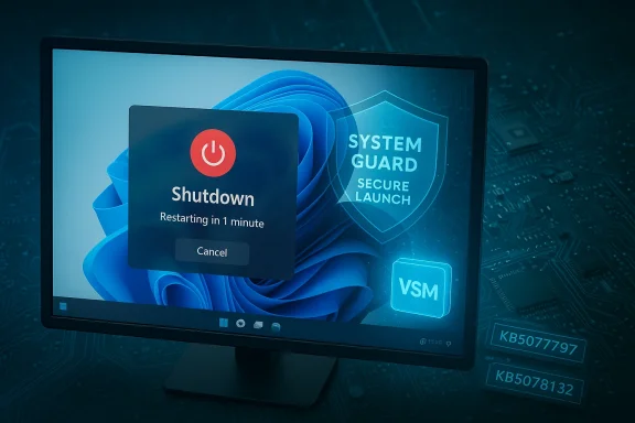 A computer monitor displays a Shutdown dialog with System Guard and Secure Launch shield graphics. A computer monitor displays a Shutdown dialog with System Guard and Secure Launch shield graphics.