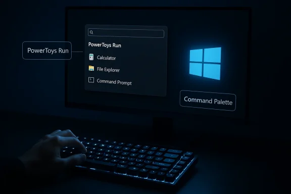 Dimly lit desk with a Windows-style UI showing PowerToys Run and a Command Palette.