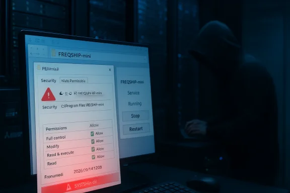 A hooded figure in a dark server room watches a monitor showing a security alert and ransomware window.