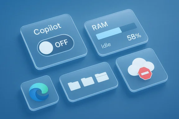 An isometric blue dashboard of UI tiles: Copilot off, RAM idle at 58%, with folder, cloud, and Edge icons.