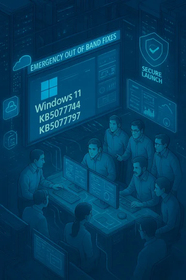 IT specialists coordinate emergency out-of-band Windows 11 fixes in a high-tech data center. IT specialists coordinate emergency out-of-band Windows 11 fixes in a high-tech data center.