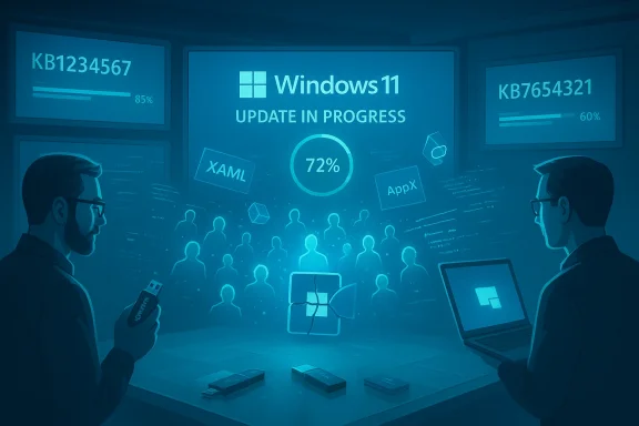 Two engineers monitor a Windows 11 update in progress at 72% on a large screen.