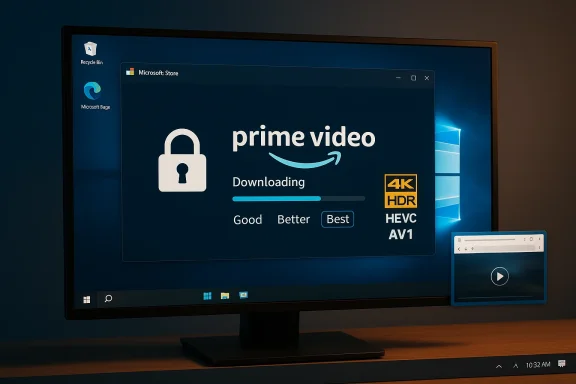 Windows desktop shows Prime Video downloading in 4K HDR with AV1/HEVC logos. Windows desktop shows Prime Video downloading in 4K HDR with AV1/HEVC logos.