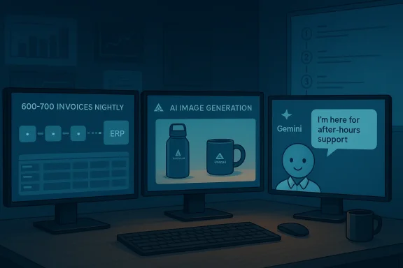 Triple-monitor desk showing AI image generation, nightly invoicing, and after-hours support.