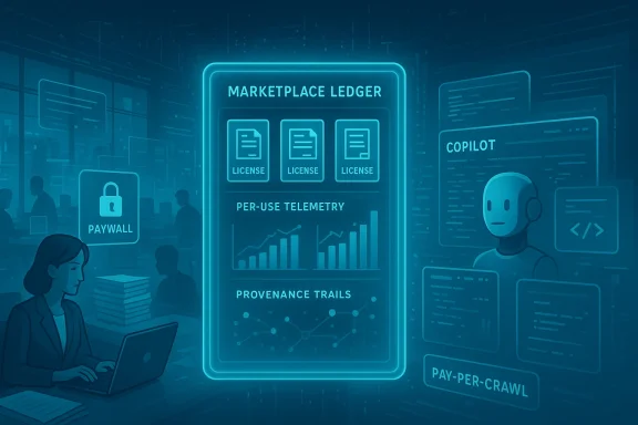 A neon blue marketplace ledger screen displays licenses, telemetry, and provenance trails.