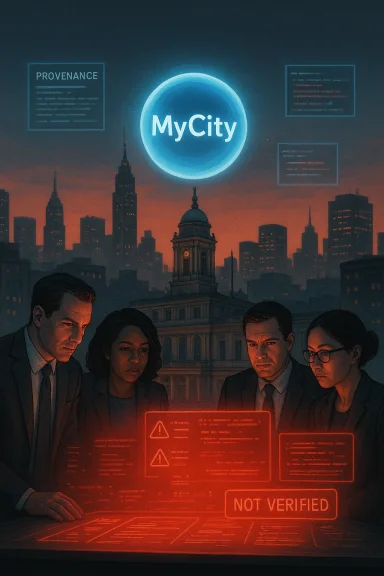 A four-person team studies neon city-data holograms for MyCity, marked NOT VERIFIED.