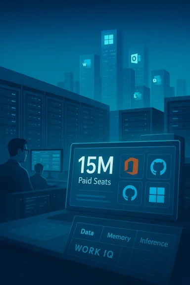 Futuristic data center with a 15M Paid Seats display among blue server racks and a distant skyline.