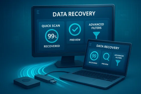 Data recovery UI shows 99% quick scan and preview on a monitor and laptop. Data recovery UI shows 99% quick scan and preview on a monitor and laptop.