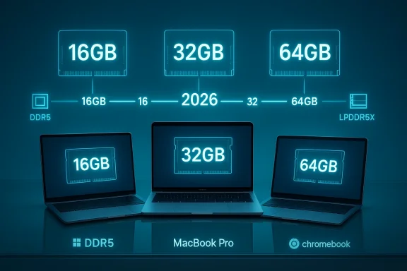 Neon tech infographic showing MacBook Pro and Chromebooks with 16GB, 32GB, and 64GB RAM.