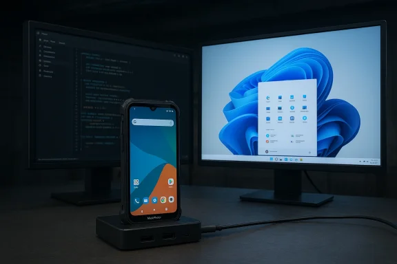 Phone on a charging dock between two monitors, left showing code and right Windows desktop.
