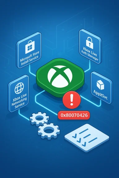 Illustration showing Xbox Live services and an error 0x80070426.