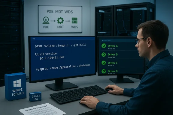 A technician at a server desk runs deployment commands and monitors driver status.