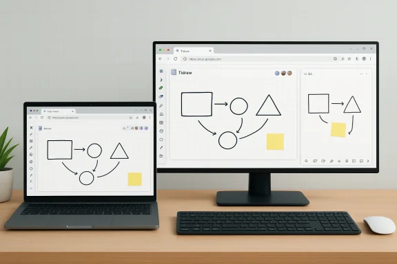 Two screens display a grid-based diagram of a square, circle and triangle linked by arrows.