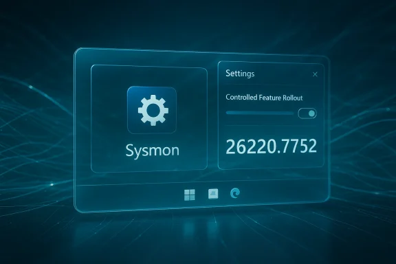 A futuristic UI displaying the Sysmon app and a controlled feature rollout status.