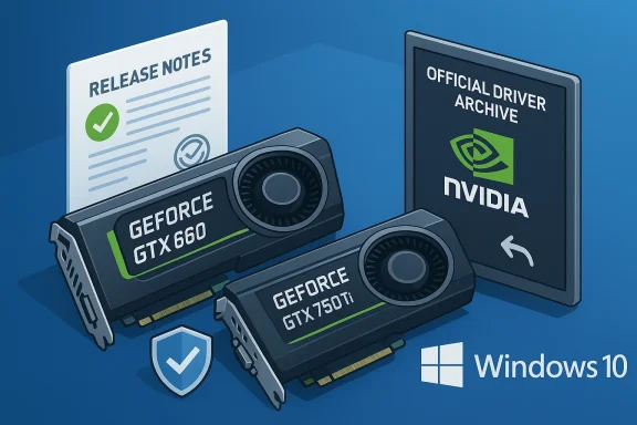 NVIDIA GTX 660 and GTX 750 Ti GPUs with release notes and Windows 10 branding.