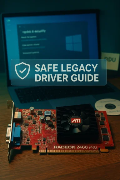 ATI Radeon 2400 Pro graphics card with a “Safe Legacy Driver Guide” overlay in front of a laptop.