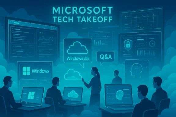 Microsoft Tech Takeoff: teams of professionals demo Windows 365 in a cloud-based tech showcase.