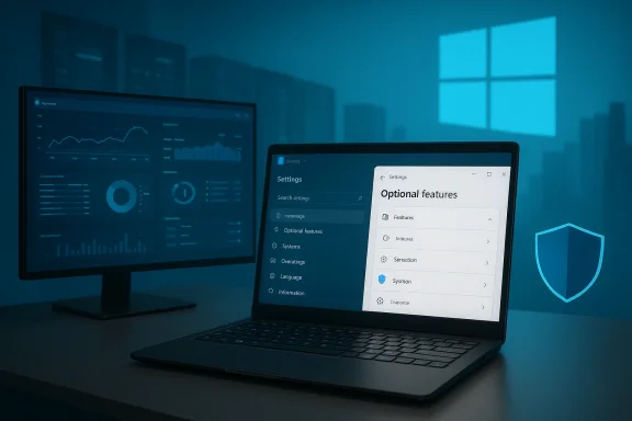 Laptop displays Windows Settings: Optional features, with a monitor showing analytics dashboards.