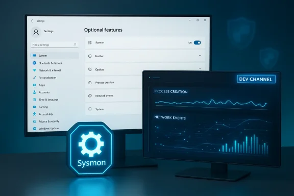 A glowing Sysmon badge sits beside Windows Settings and a neon Dev Channel analytics dashboard.