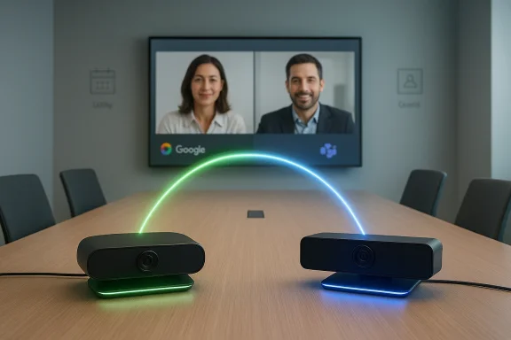 Two conference cameras on a table form a glowing arc during a Google Meet video call.