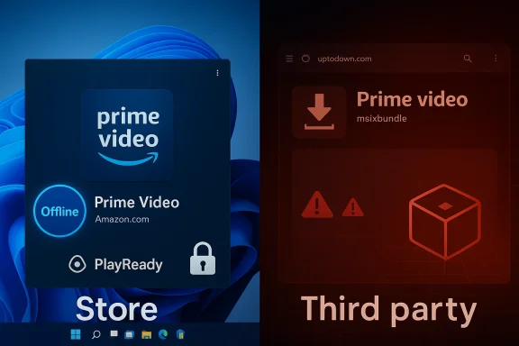 Split-screen showing Prime Video on Windows (left) and a third-party download page (right). Split-screen showing Prime Video on Windows (left) and a third-party download page (right).