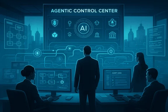 Blue-toned AI control center with staff monitoring holographic dashboards around a central AI hub.