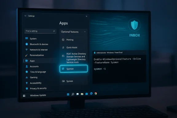 Windows Settings: Apps menu with Sysmon highlighted and a PowerShell command window.