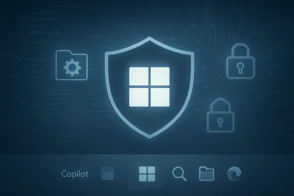 Windows shield icon on a blue cybersecurity background with locks and circuitry.