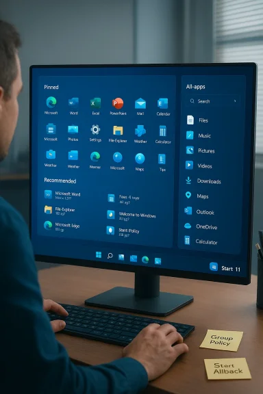 Person at a desk uses a keyboard while a large monitor shows Windows 11 Start menu with app icons.