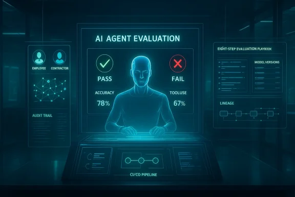Futuristic holographic AI agent evaluation showing pass/fail and accuracy metrics.