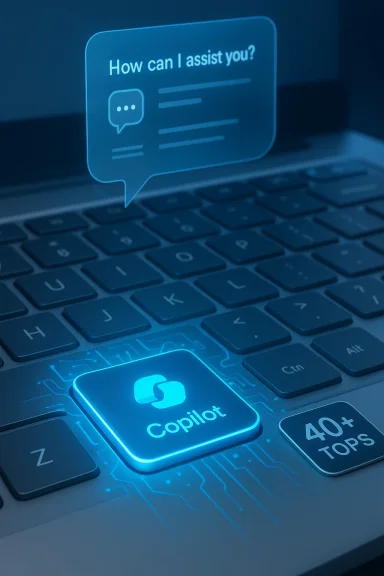 Neon blue Copilot key glows on a laptop keyboard beside a chat bubble reading 'How can I assist you?'