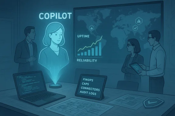 A Copilot hologram guides a team briefing with uptime and reliability dashboards. A Copilot hologram guides a team briefing with uptime and reliability dashboards.