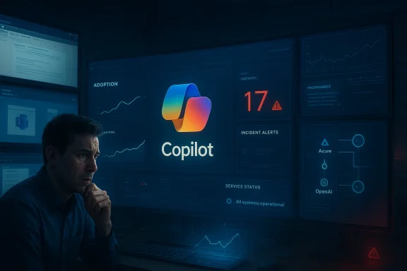 A man monitors analytics on a wall of screens displaying the Copilot logo and graphs. A man monitors analytics on a wall of screens displaying the Copilot logo and graphs.